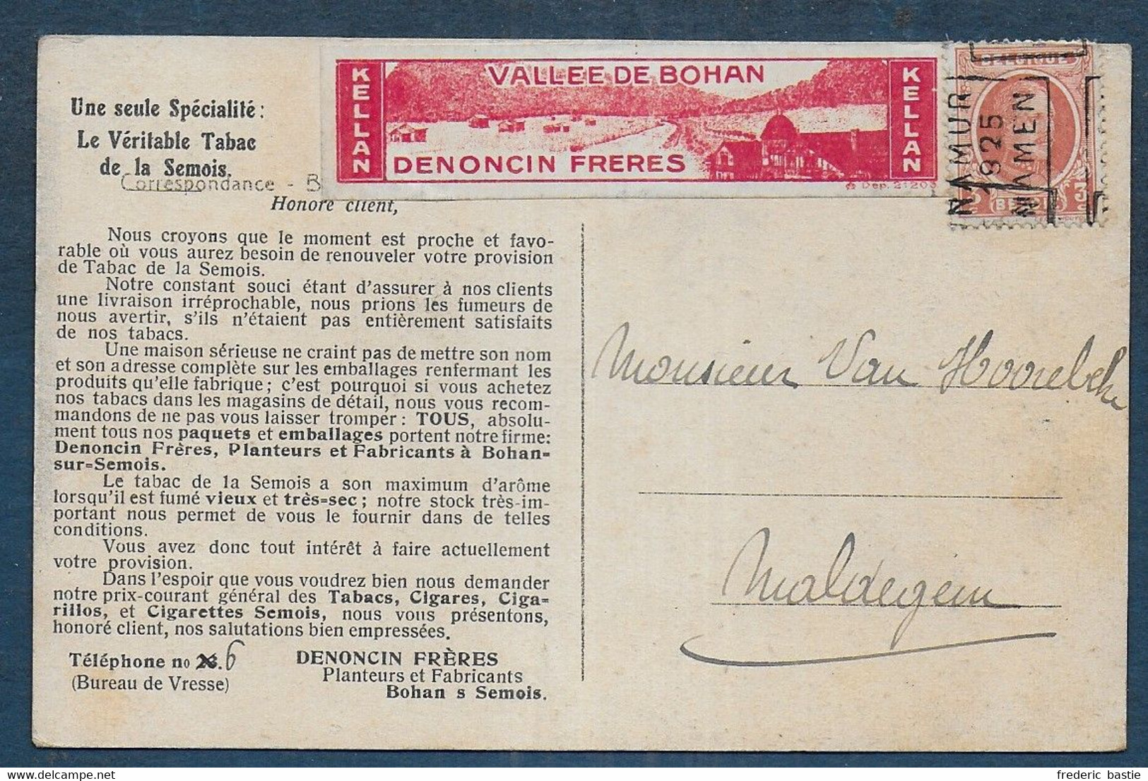 Préo  NAMUR 1925  Sur Carte De BOHAN - Tabac Denoncin Frères - Sobreimpresos 1922-31 (Houyoux)