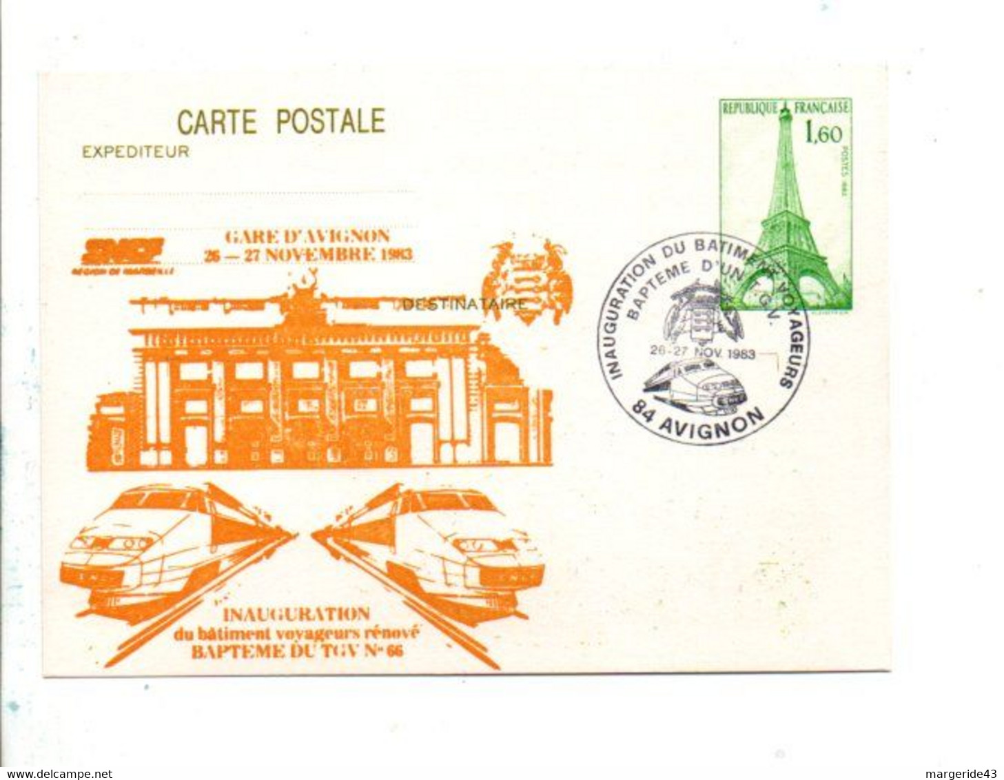 ENTIER TOUR EIFFEL REPIQUE INAUGURATION BATIMENT VOYAGEURS ET BAPTEME TGV N°66 à AVIGNON 1983 - Bijgewerkte Postkaarten  (voor 1995)