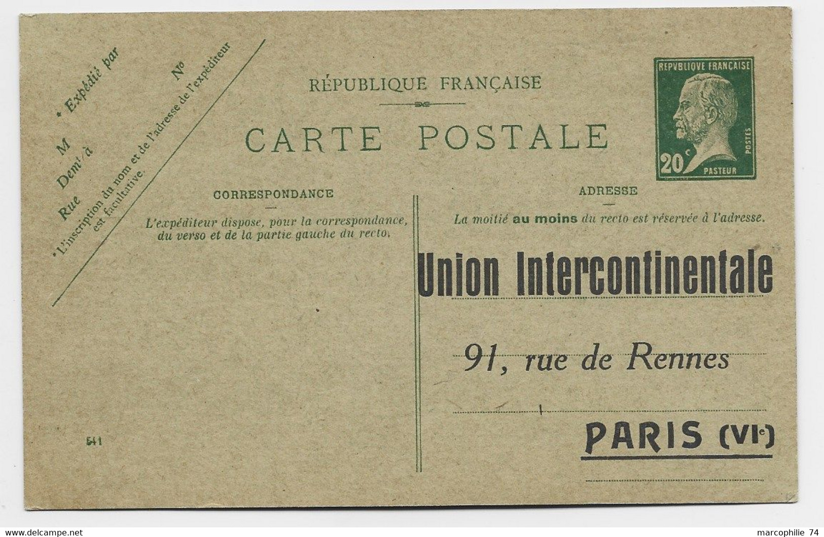 ENTIER 20C PASTEUR CP REPIQUAGE UNION INTERCONTINENTAL PARIS VIE NEUF - 1922-26 Pasteur
