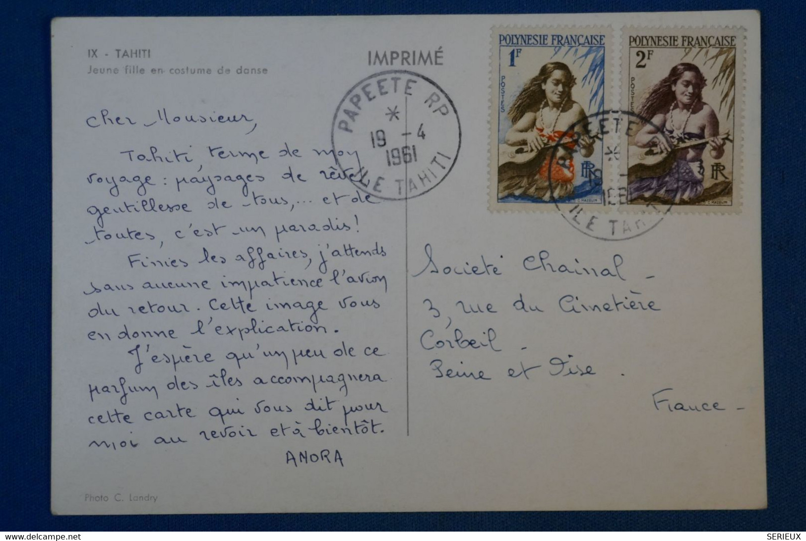 G3 OCEANIE BELLE CARTE 1961 PAPEETE POUR CORBEIL + DANSEUSE +AFFRANCHISSEMENT PLAISANT - Covers & Documents