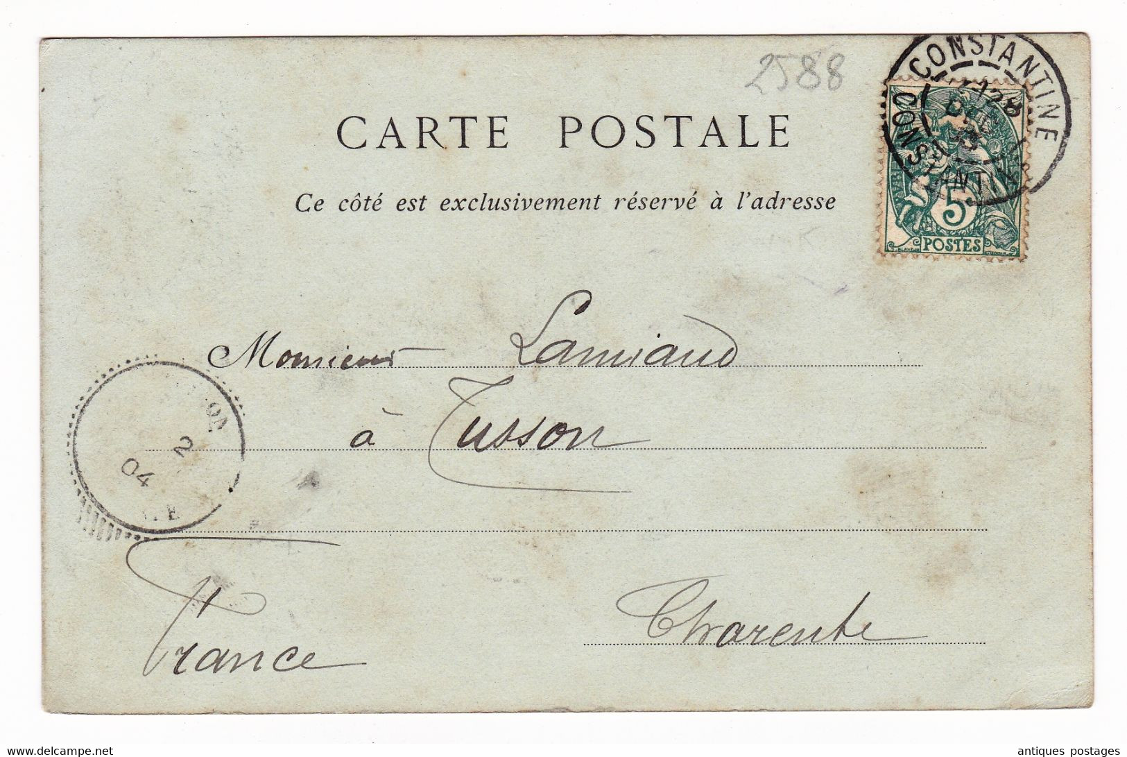 Carte Postale 1904 Algérie Cachet Constantine Type Blanc 5 Centimes Tusson Charente - Storia Postale