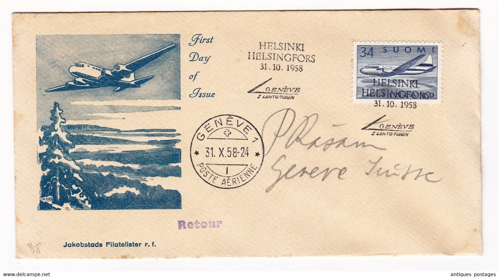 Lettre Helsinki Helsingfors Finlande Suomi 1958 Avion Aviation Genève Suisse Poste Aérienne - Briefe U. Dokumente