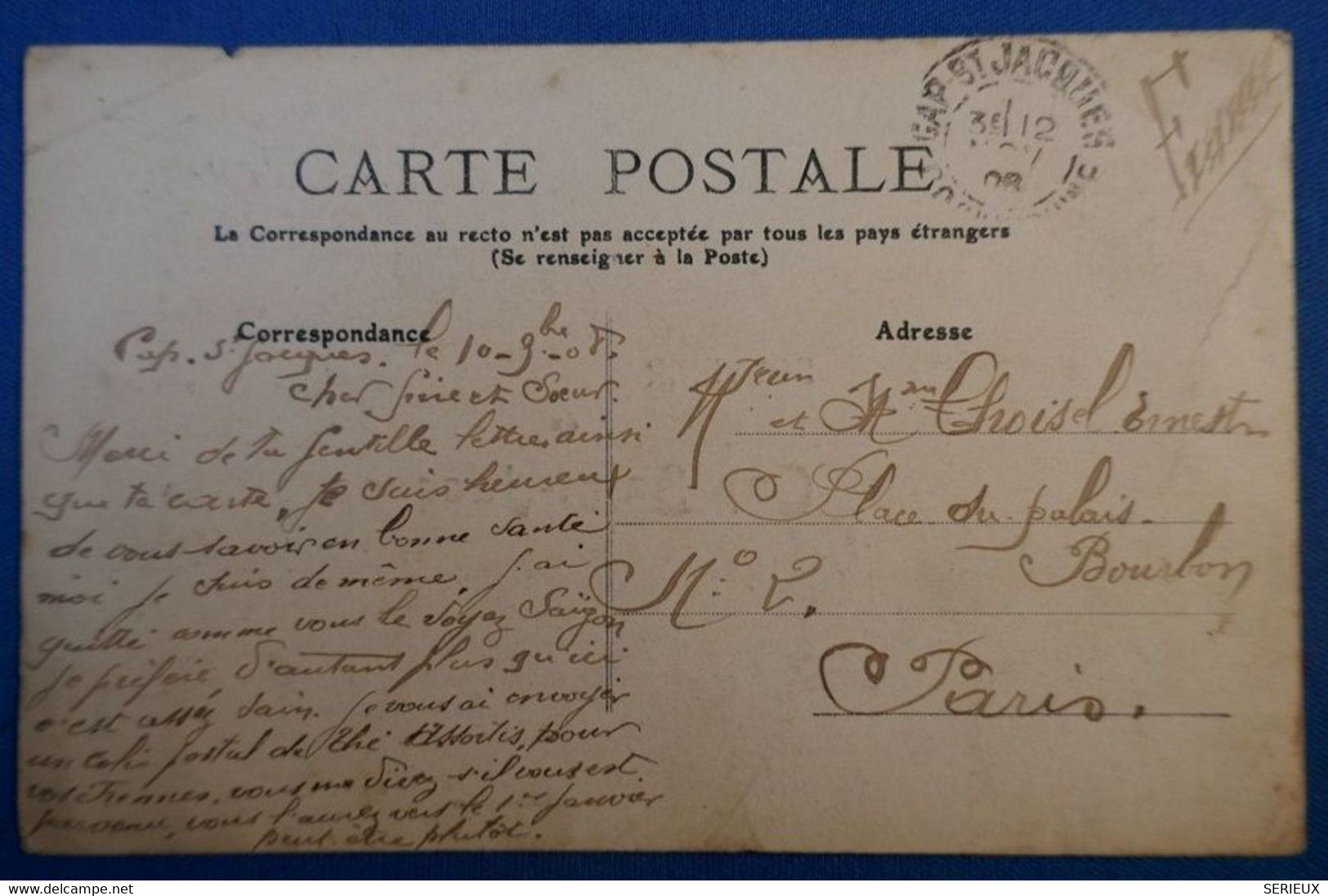 A36 BELLE CARTE INDOCHINE 1908 SAIGON CAP ST JACQUES POUR PARIS - Lettres & Documents