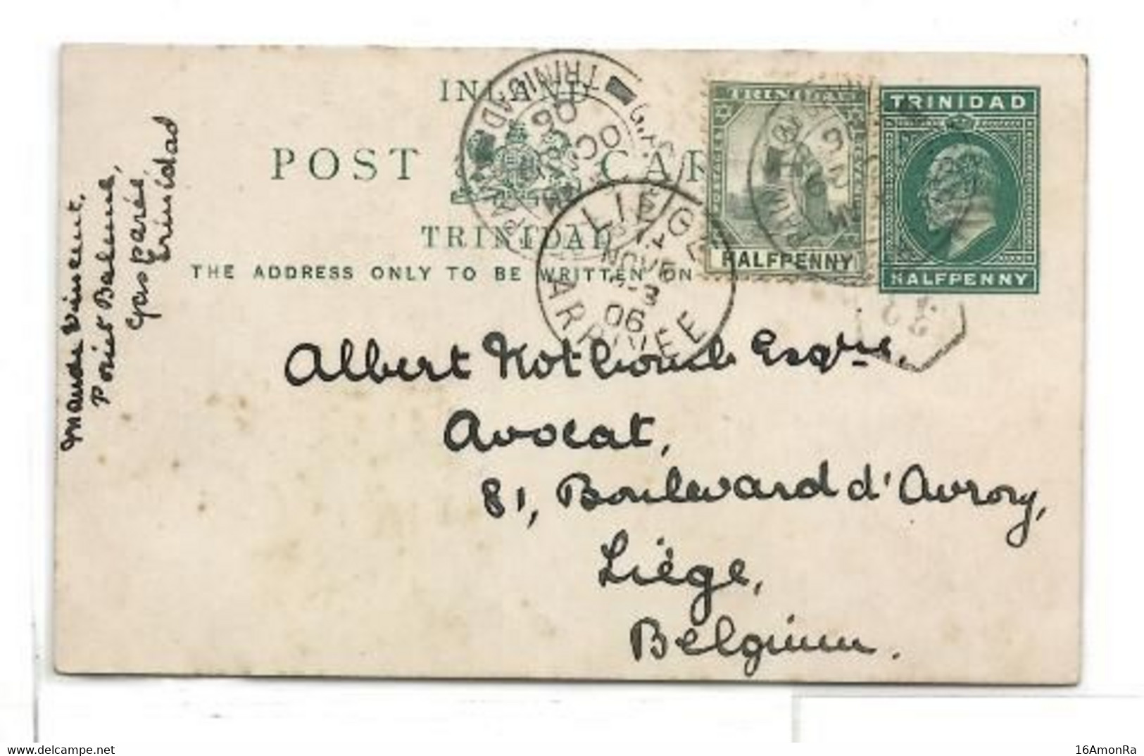 TRINIDAD E.P. Carte Postal Stationery Card ½p. Green On Cream + Tp ½p. Green Canc. P.O. PORT OF SPAIN OC.29 1906 to Lièg - Trinidad & Tobago (...-1961)