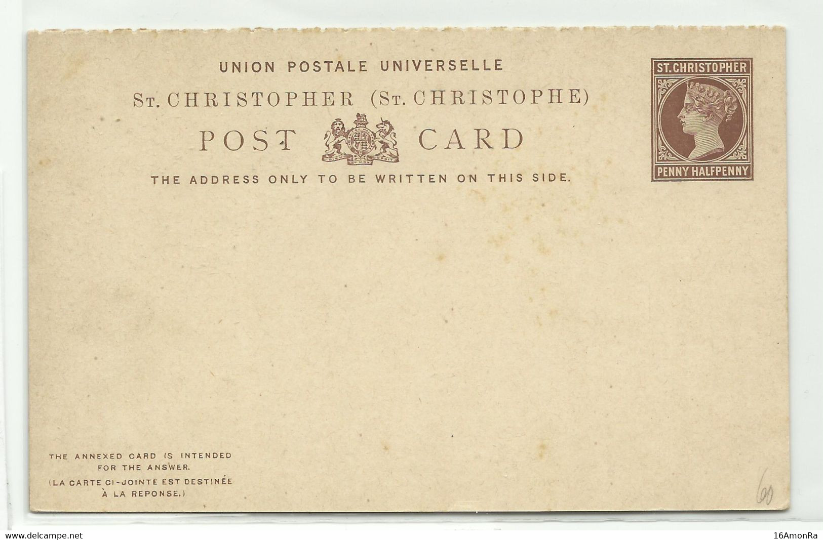 ST CHRISTOPHER E.P. Carte Postal Stationery Reply Card 1½p. + 1½p. Dark Brown On Cream, Mint.  Very Fresh.   Belle Fraîc - San Cristóbal Y Nieves - Anguilla (...-1980)