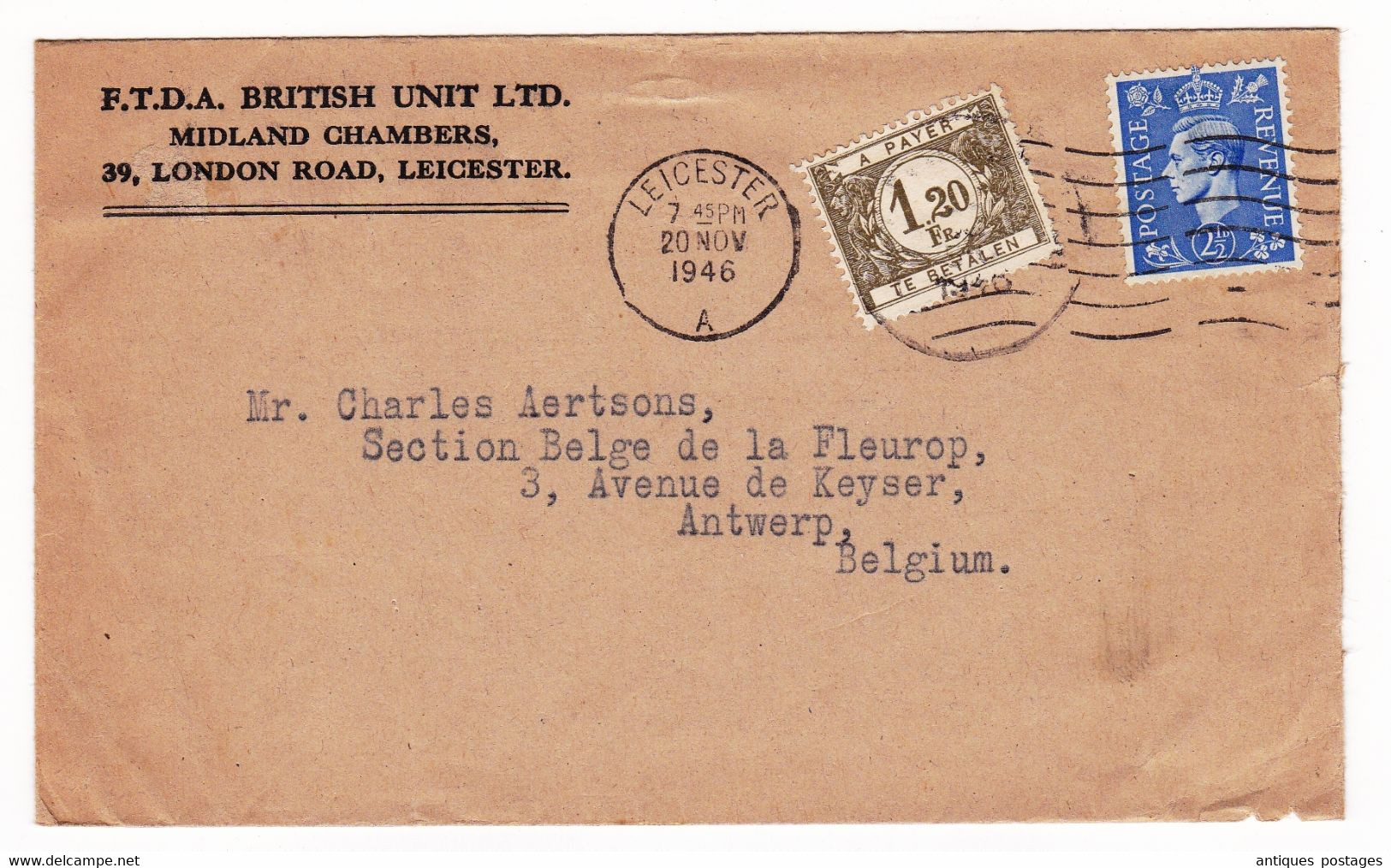 Lettre 1946 Angleterre Leicester Taxe Belgique British Unit Ltd Midland Chambers - Storia Postale