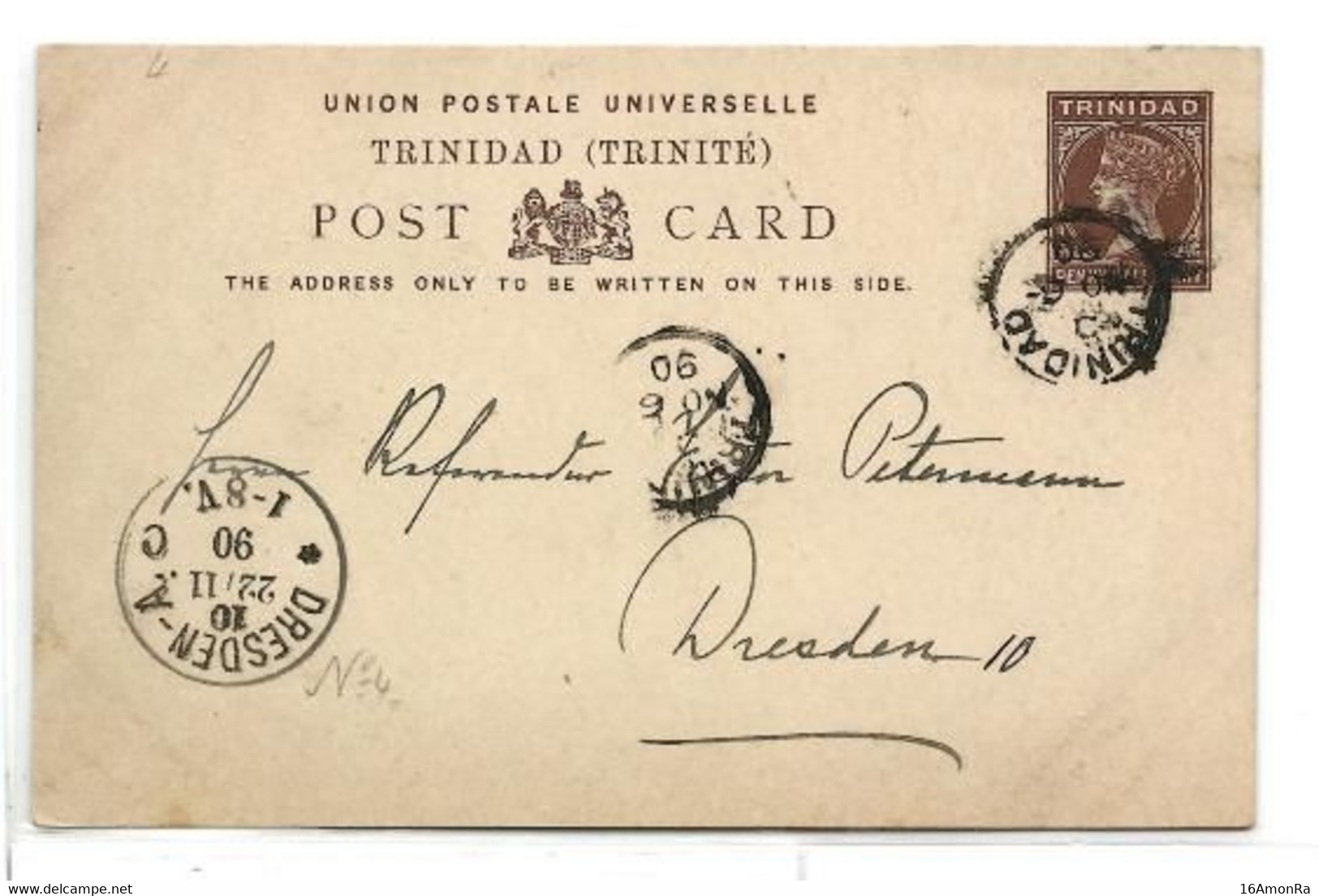 TRINIDAD (TRINITE) E.P. Carte Postal Stationery Card 1½p. Brown On Cream, Cancelled TRINIDAD NO.6 1890 To Dresden (Germa - Trinidad & Tobago (...-1961)