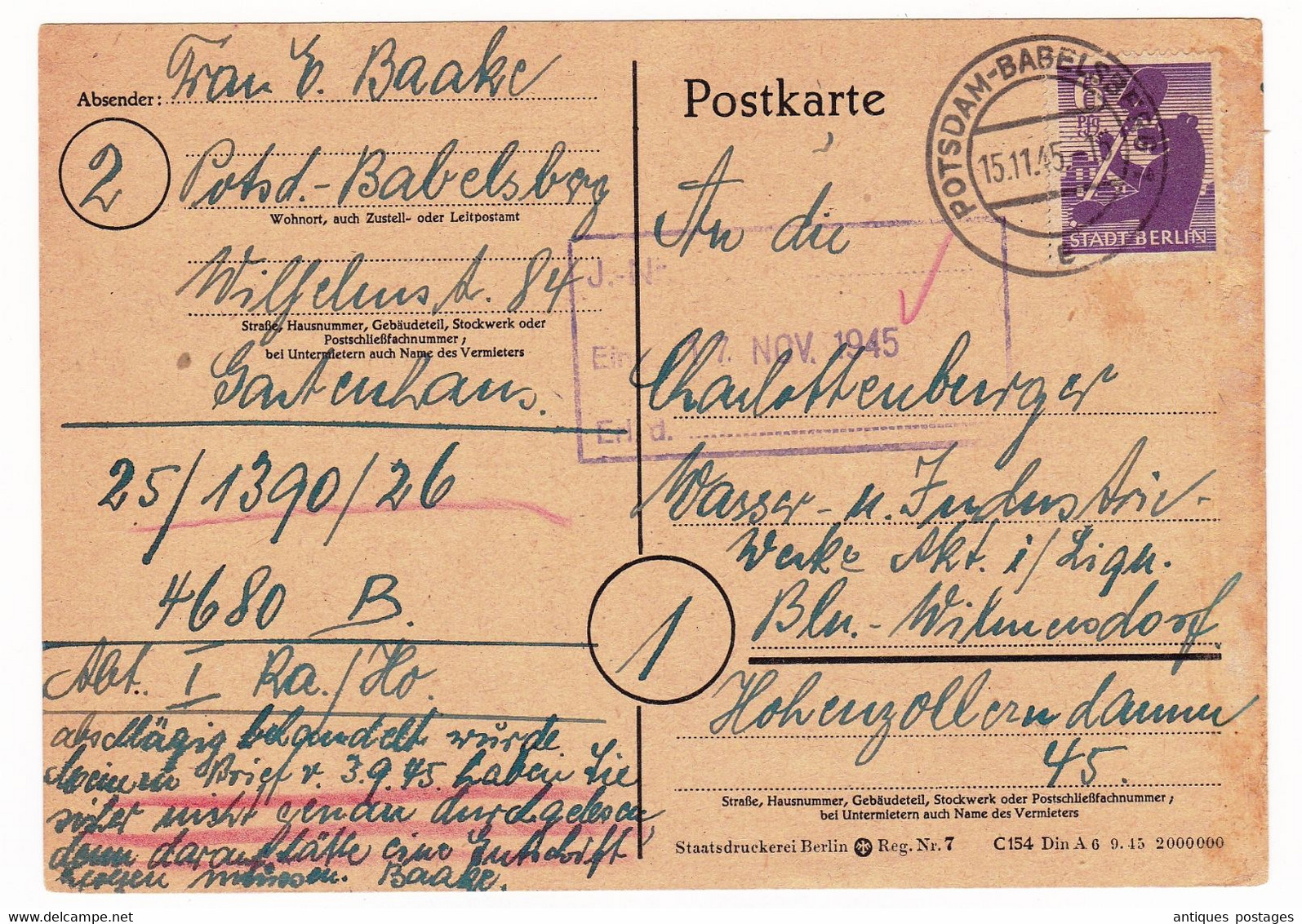 Postkarte Potsdam Babelsberg 1945 Occupation Alliés Stadt Berlin Ours Bären Bear Soviet Zone - Brieven En Documenten