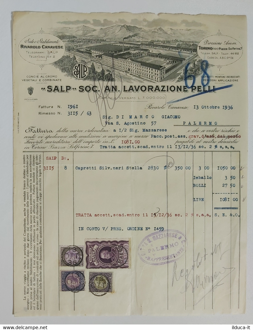 83267 213/ CARTACEO - Fattura Salp Lavorazione Pelli - Rivarolo / Palermo 1936 - Italia