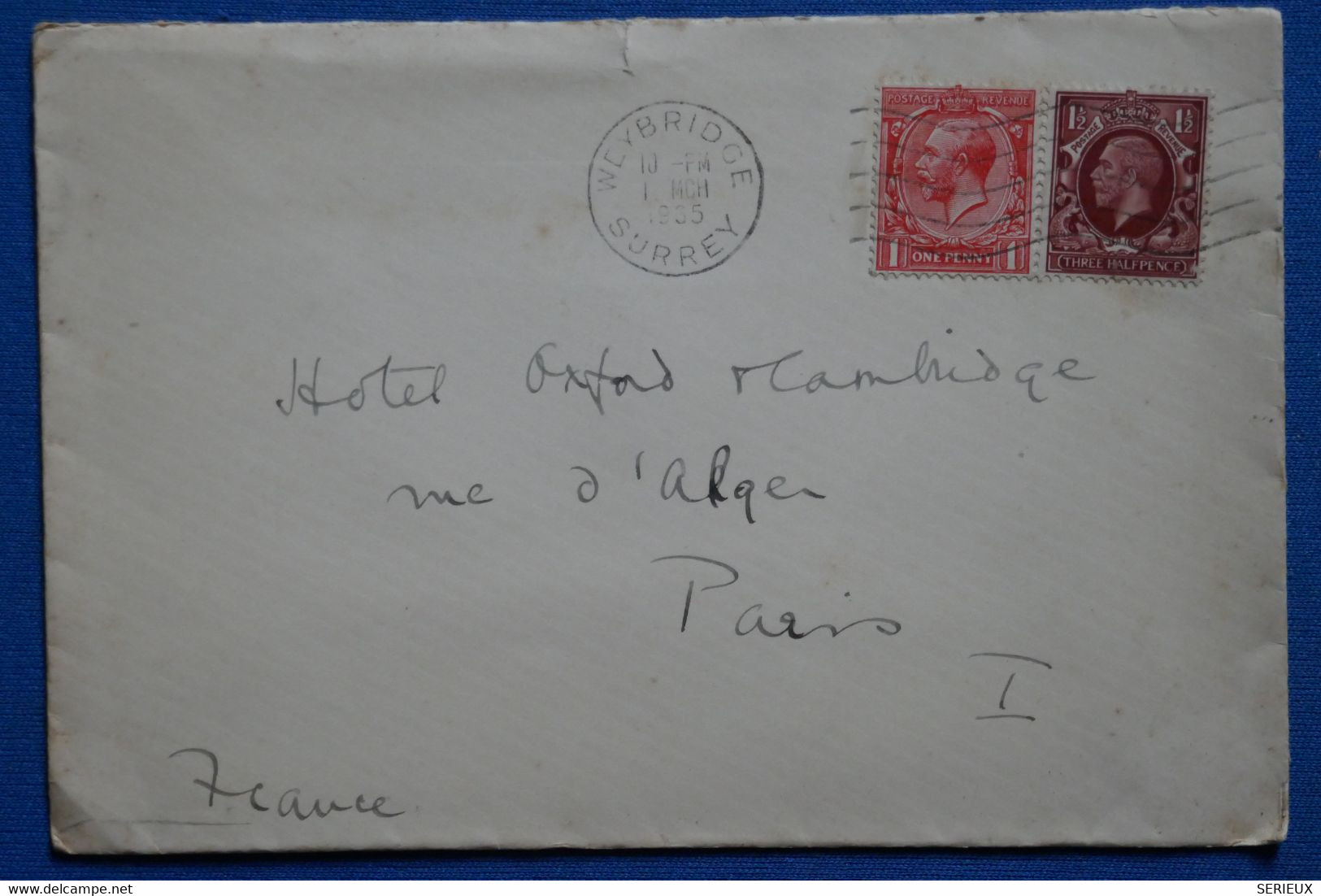 Y8  GRANDE BRETAGNE  BELLE LETTRE   1935  SURREY    POUR  PARIS FRANCE+ AFFRANCHISSEMENT PLAISANT - Storia Postale