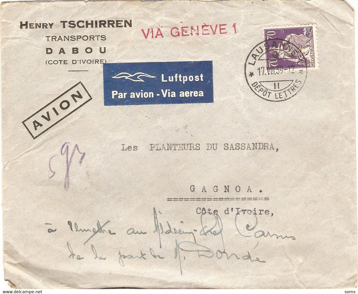 Lettre De Côte D'Ivoire Avec Timbre Suisse, Transports Tschirren à Dabou, Par Avion Via Genève En 1939, Luftpost, Dépôt - Cartas & Documentos