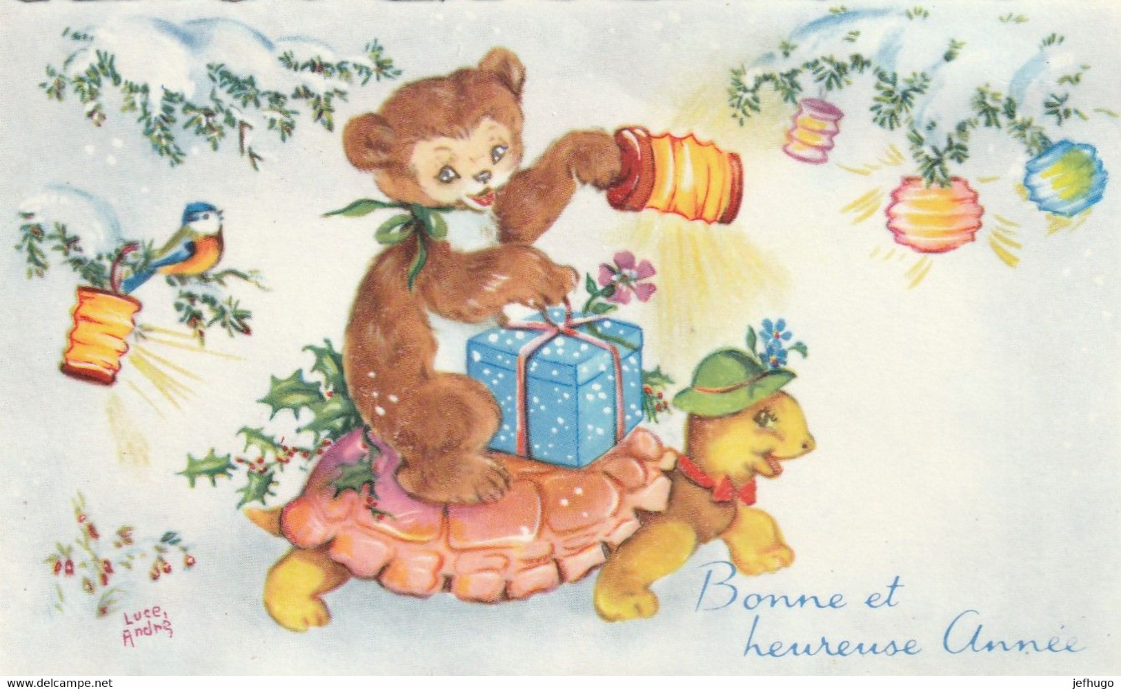 1038 _ MIGNONETTE BONNE ET HEUREUSE ANNEE . NOUNOURS TORTUE OISEAU HOUIE . ILLUST. LUCE ANDRE .SUPERLUXE 1369 . SCAN - New Year