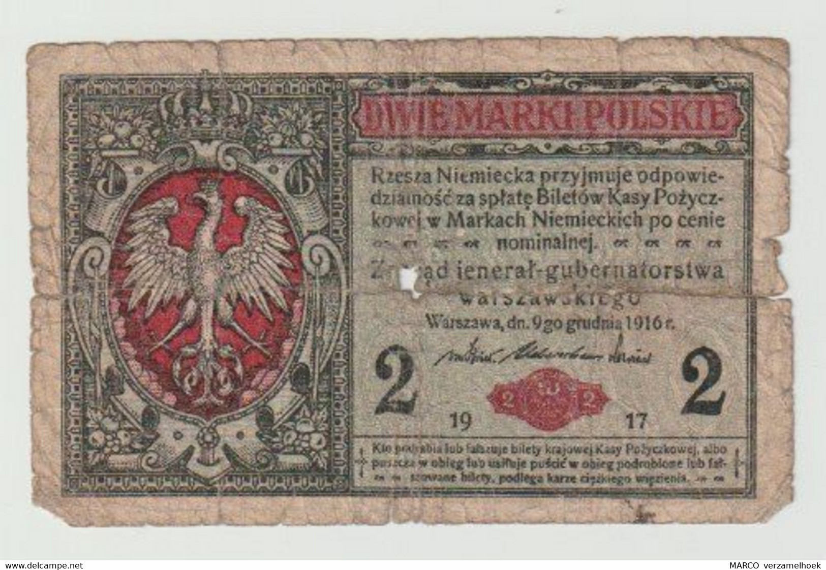 Used Banknote Polen-poland-polskie 2 Marki 1917 WW1 - Poland