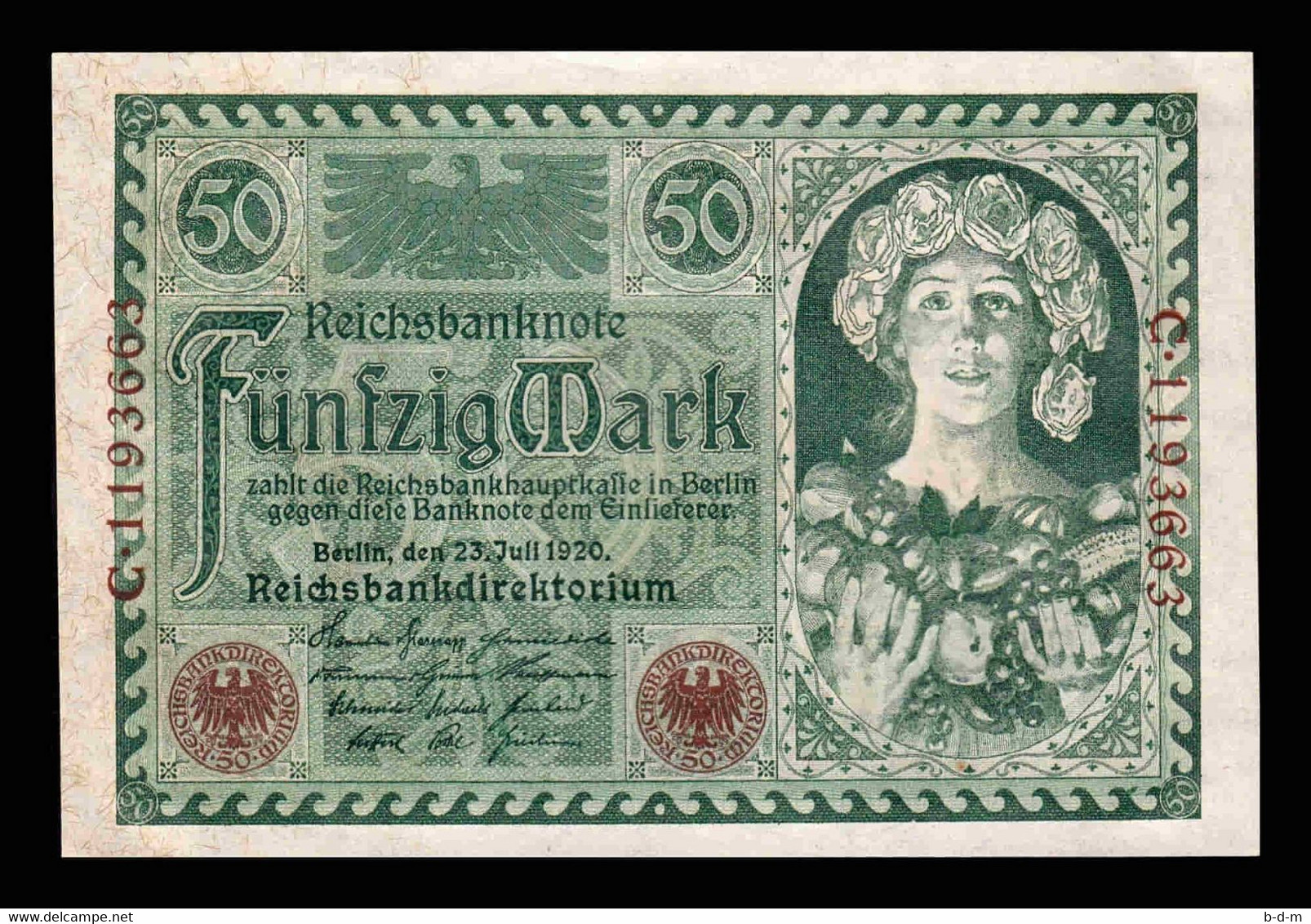 Alemania Germany 50 Mark 1920 Pick 68b SC-/SC AUNC/UNC - 50 Mark