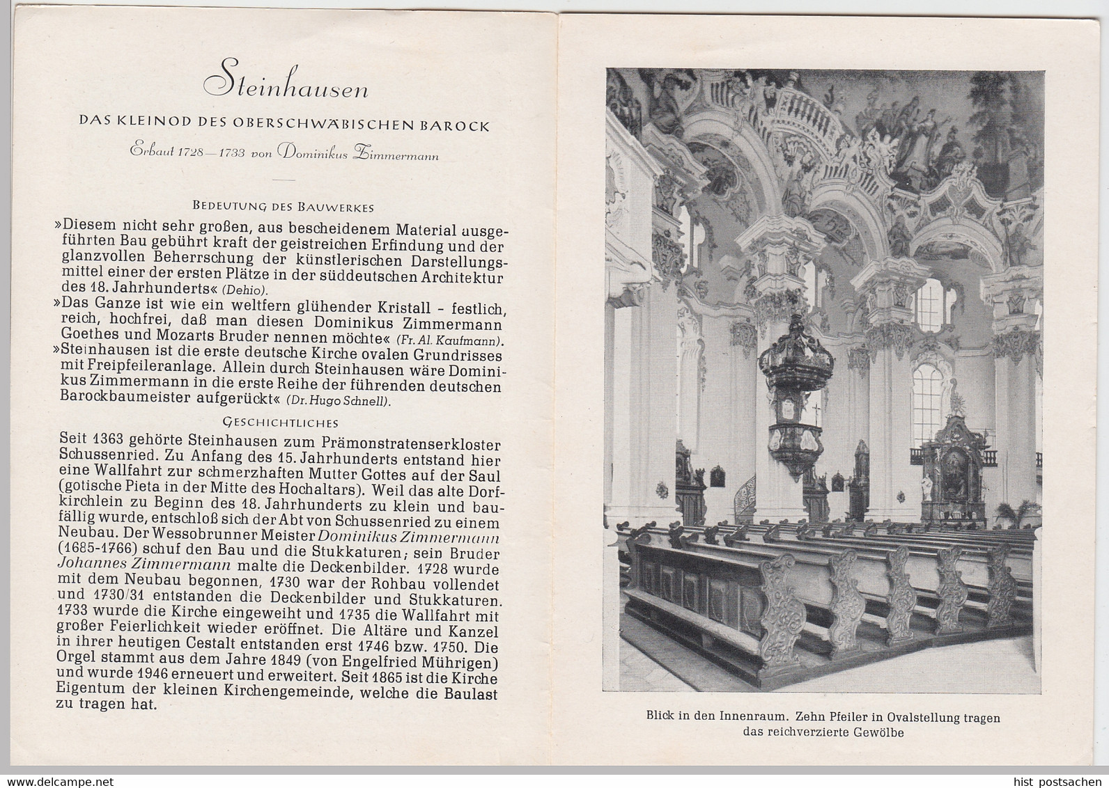 (Bu13) Kleines Info-Heft A6 Wallfahrtskirche Steinhausen 1949 - Sonstige & Ohne Zuordnung