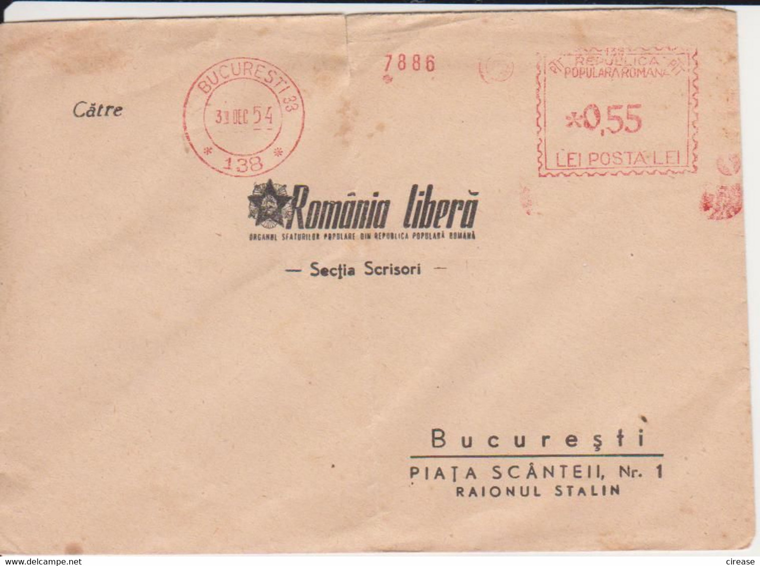 NEWSPAPER ENVELOPE ,,ROMANIA LIBERA,, RAION STALIN RED STAMP 1954 AMONT 0,55 LEI ROMANIA - Máquinas Franqueo (EMA)