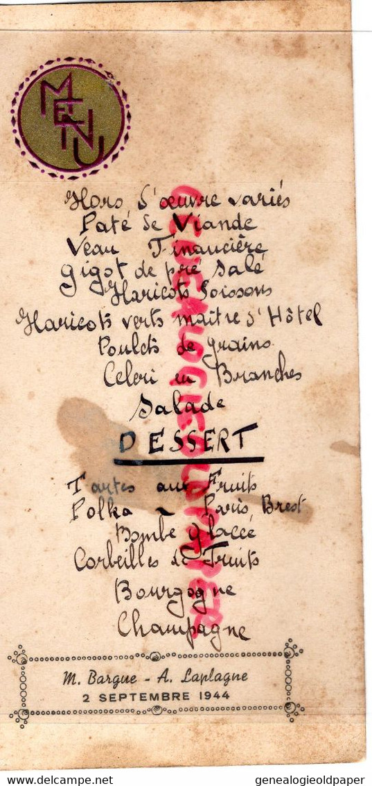 87- AMBAZAC- LIMOGES- MENU MAURICE BARGUE - ANDREE LAPLAGNE - 2 SEPTEMBRE 1944 - Menükarten