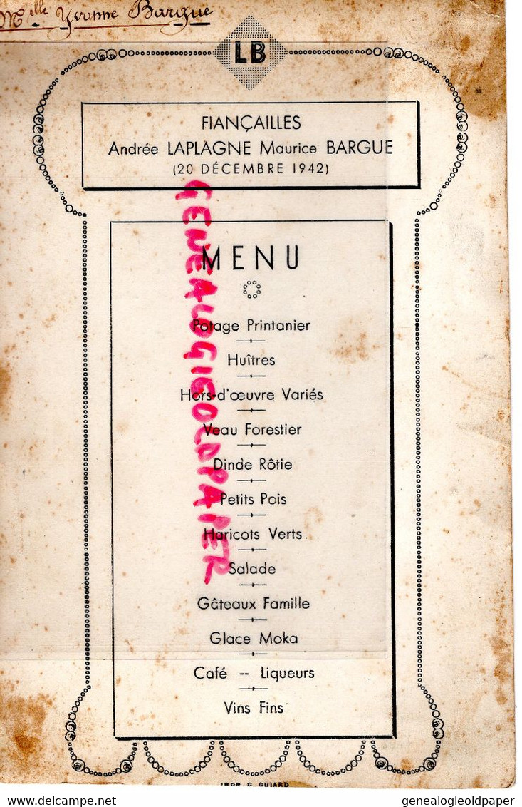 87- AMBAZAC- LIMOGES- MENU FIANCAILLES MAURICE BARGUE - ANDREE LAPLAGNE - 20 SEPTEMBRE 1942 - Menú