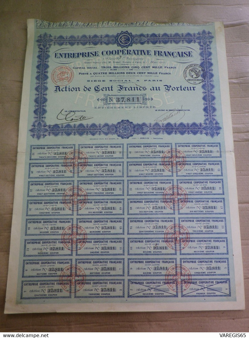 ENTREPRISE COOPERATIVE FRANÇAISE - ACTION DE 100 FRANCS - 1924 - N° 37 811 / 42 000 - Industrial