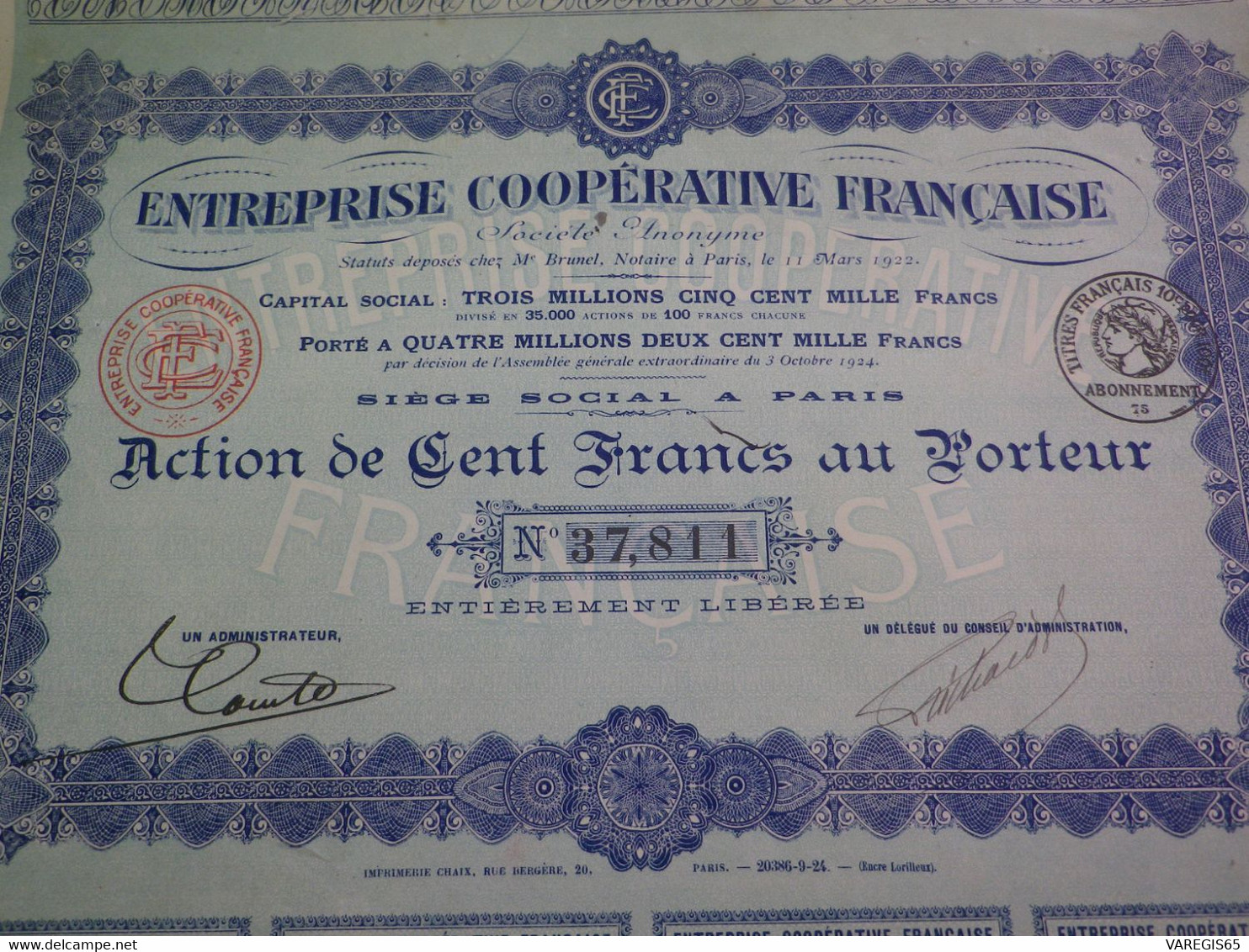 ENTREPRISE COOPERATIVE FRANÇAISE - ACTION DE 100 FRANCS - 1924 - N° 37 811 / 42 000 - Industrial