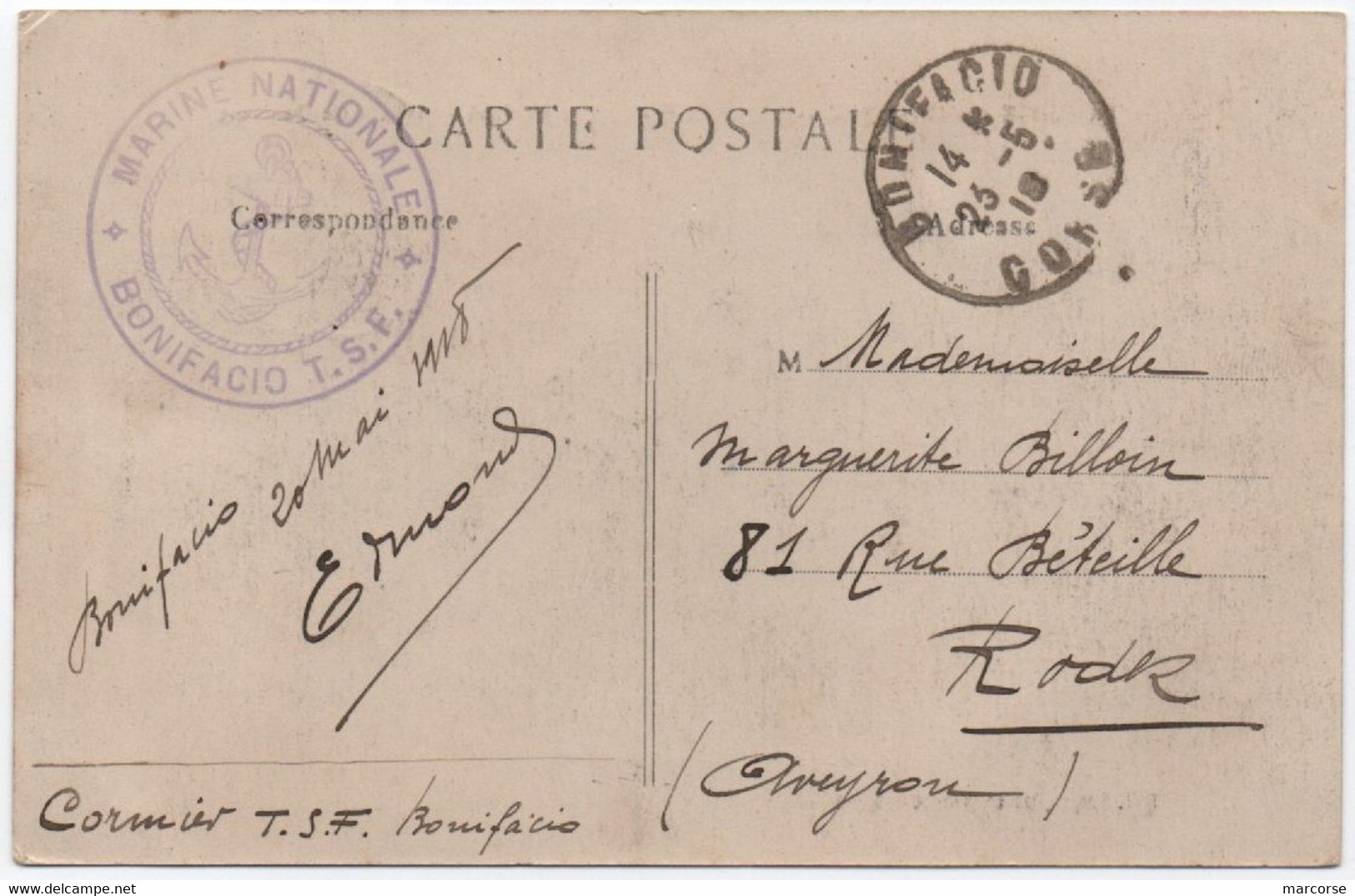 CORSE Carte Postale En Franchise Militaire Marque MARINE NATIONALE  BONIFACIO TSF (télégraphie Sans Fil) Cachet 1918 - Guerre De 1914-18