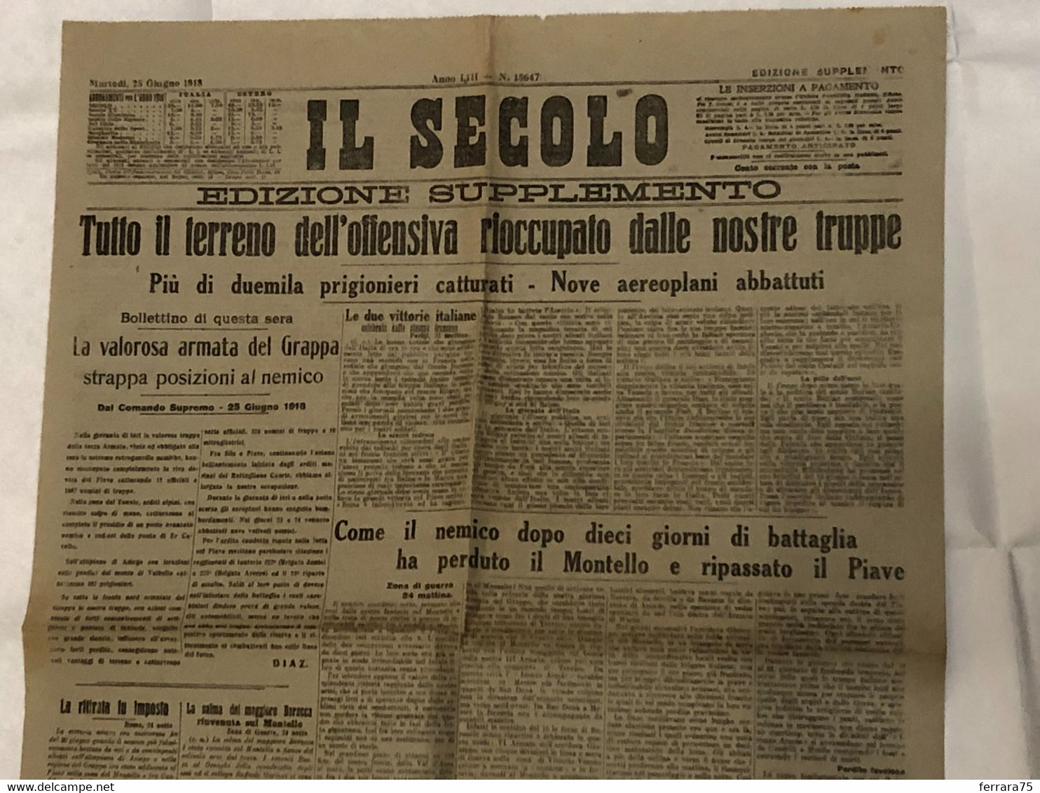 WW1 IL SECOLO SUPPLEMENTO OFFENSIVE TRUPPE AVIAZIONE GRAPPA MONTELLO PIAVE - Guerre 1914-18