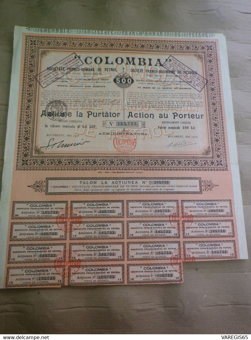 COLOMBIA - SOCIETE FRANCO ROUMAINE DE PETROLE - ACTION DE 500 LEI - N° 165 733 - EMISSION DE 1933 - 15 COUPONS - Petrolio