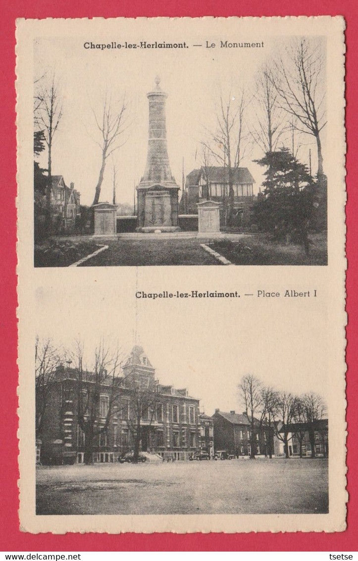 Chapelle-lez-Herlaimont - 2 Vues - Le Monument Et La Place Albert Ier ( Voir Verso ) - Chapelle-lez-Herlaimont