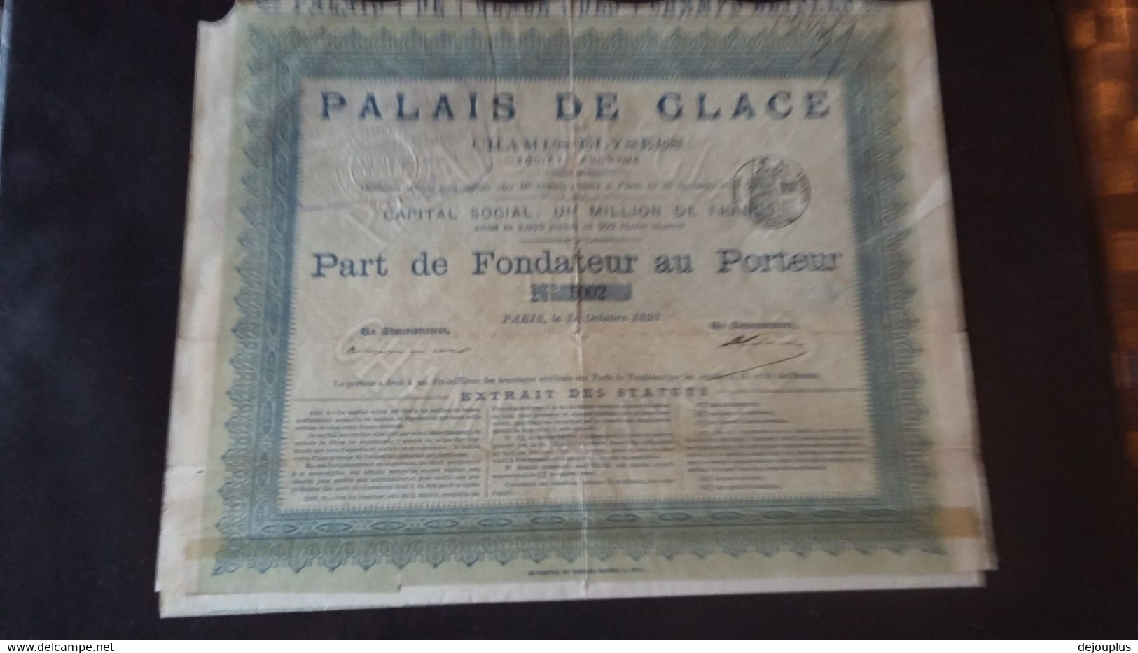 ACTION   PART  FONDATEUR  AU  PORTEUR   PALAIS  DE  GLACE  1893 - Deportes