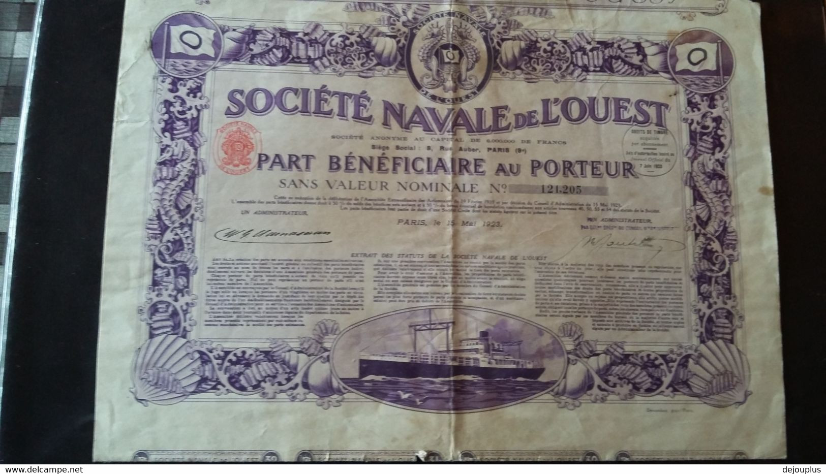 ACTION   SOCIETE  NAVALE  DE  L OUEST - Navegación