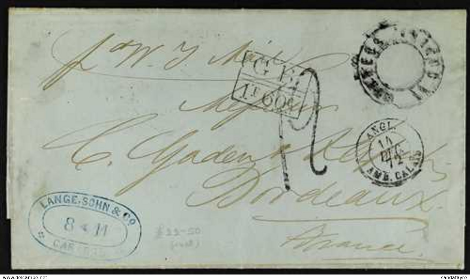 1872 (7 Nov) Stampless Entire Letter To France, Endorsed 'Per W. I. Mail', Bearing Various Postal Markings Incl Boxed An - Venezuela