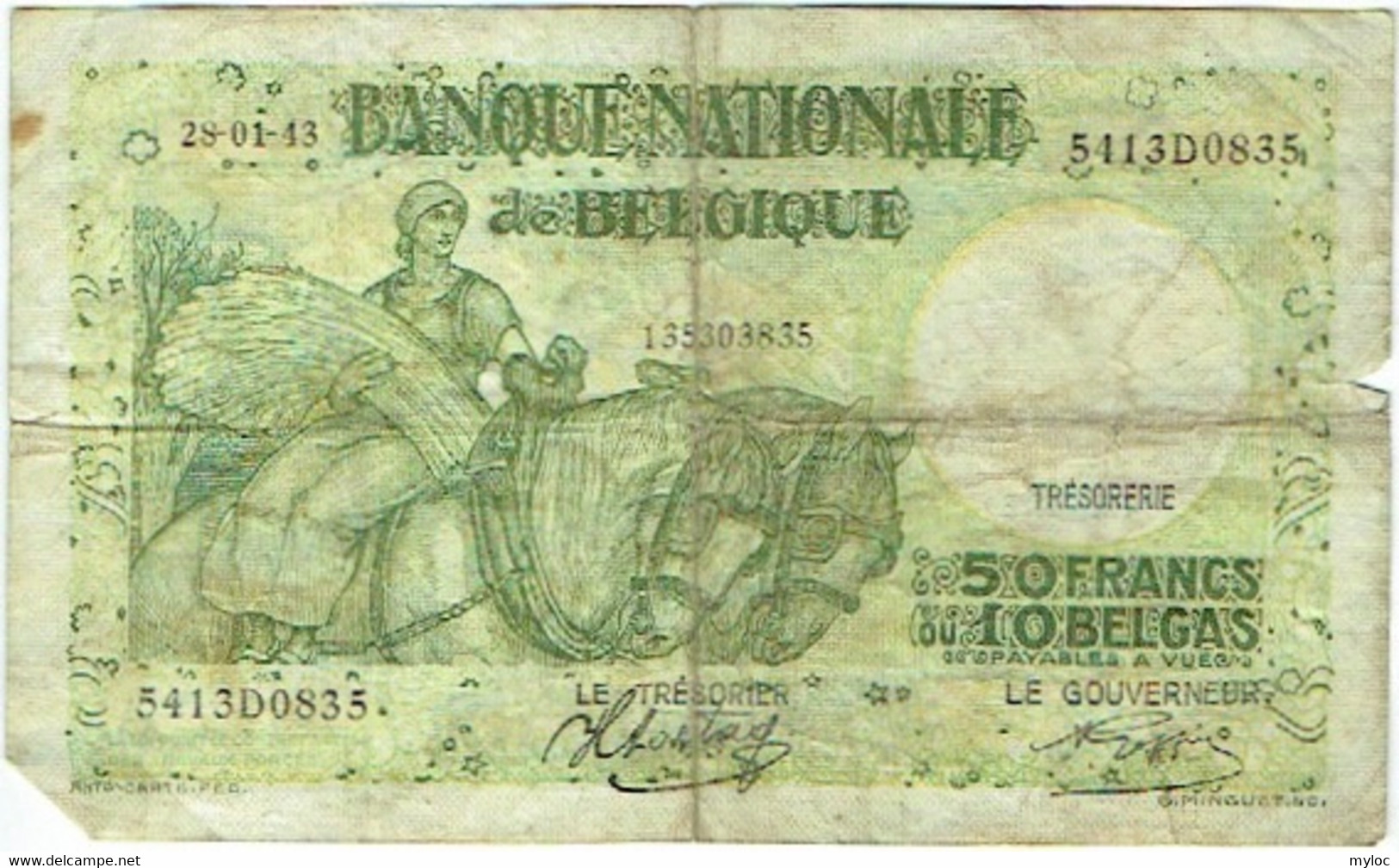 Belgie/Belgique.  Billet 50 Francs Ou 10 Belgas. 28-01-1943. - 50 Francos-10 Belgas