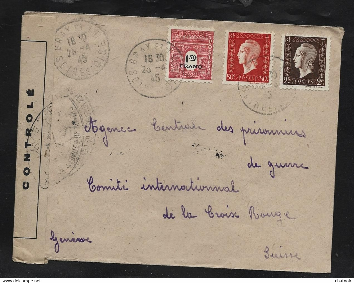 Enveloppe De BRAY  SEINE ET OISE YVELINES  DULAC  Arc De Triomphe  1945 Pour Le Comité Croix Rouge  En SUISSE + Controle - 1944-45 Marianne De Dulac