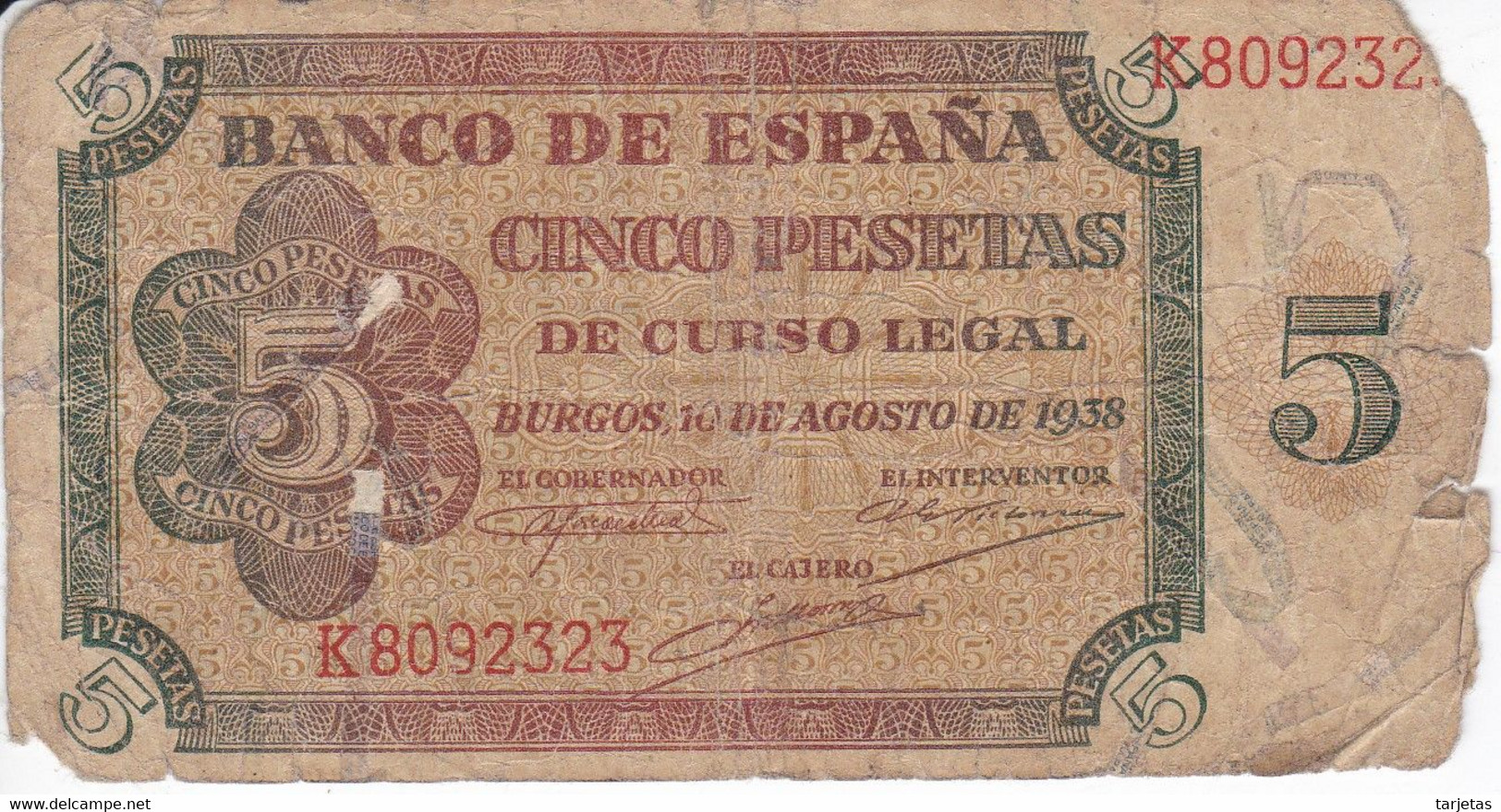 BILLETE DE ESPAÑA DE 5 PTAS DE BURGOS DEL AÑO 1938 SERIE K  (BANKNOTE) - 5 Peseten