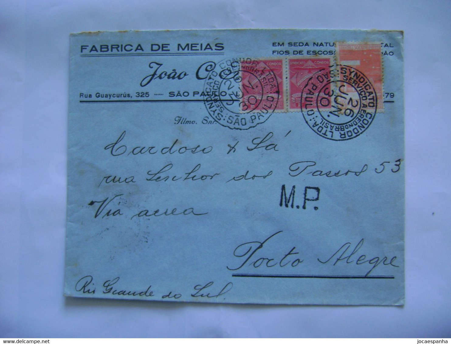 BRASIL / BRAZIL - SYNDICATO CONDOR , LETTER SENT FROM SAO PAULO TO PORTO ALEGRE IN 1930 IN THE STATE - Storia Postale