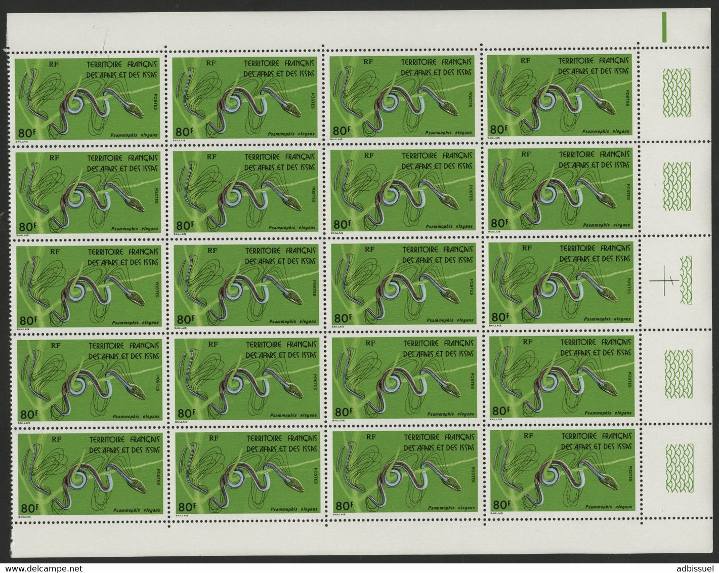 AFARS Et ISSAS N° 437 BLOC De 20 Cote 220 € SERPENTS / SNAKE "Psammophis Elegans" Neuf ** (MNH) TB - Slangen