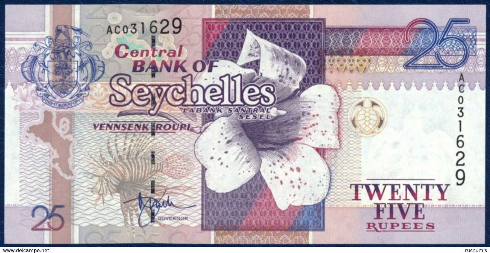 SEYCHELLES 25 RUPEES P-37a WILDLIFE FISH CRAB BLUE PIGEON BIRD 1998 UNC - Seychellen