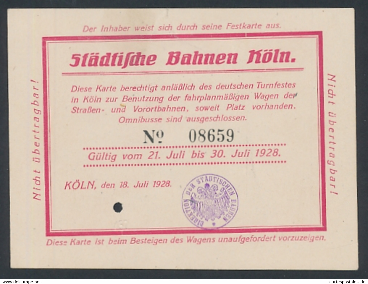 Fahrkarte Städtische Bahnen Köln 1928, No. 08659 - Autres & Non Classés