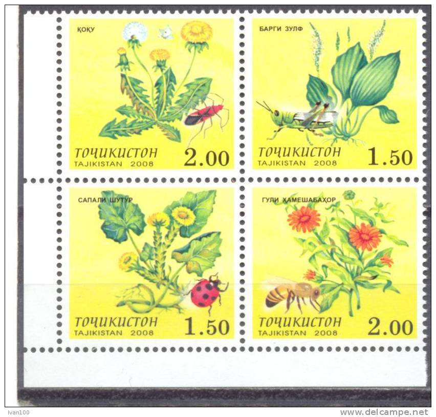 2008. Tajikistan, Plants & Insects, 4v In Block, Mint/** - Tadzjikistan