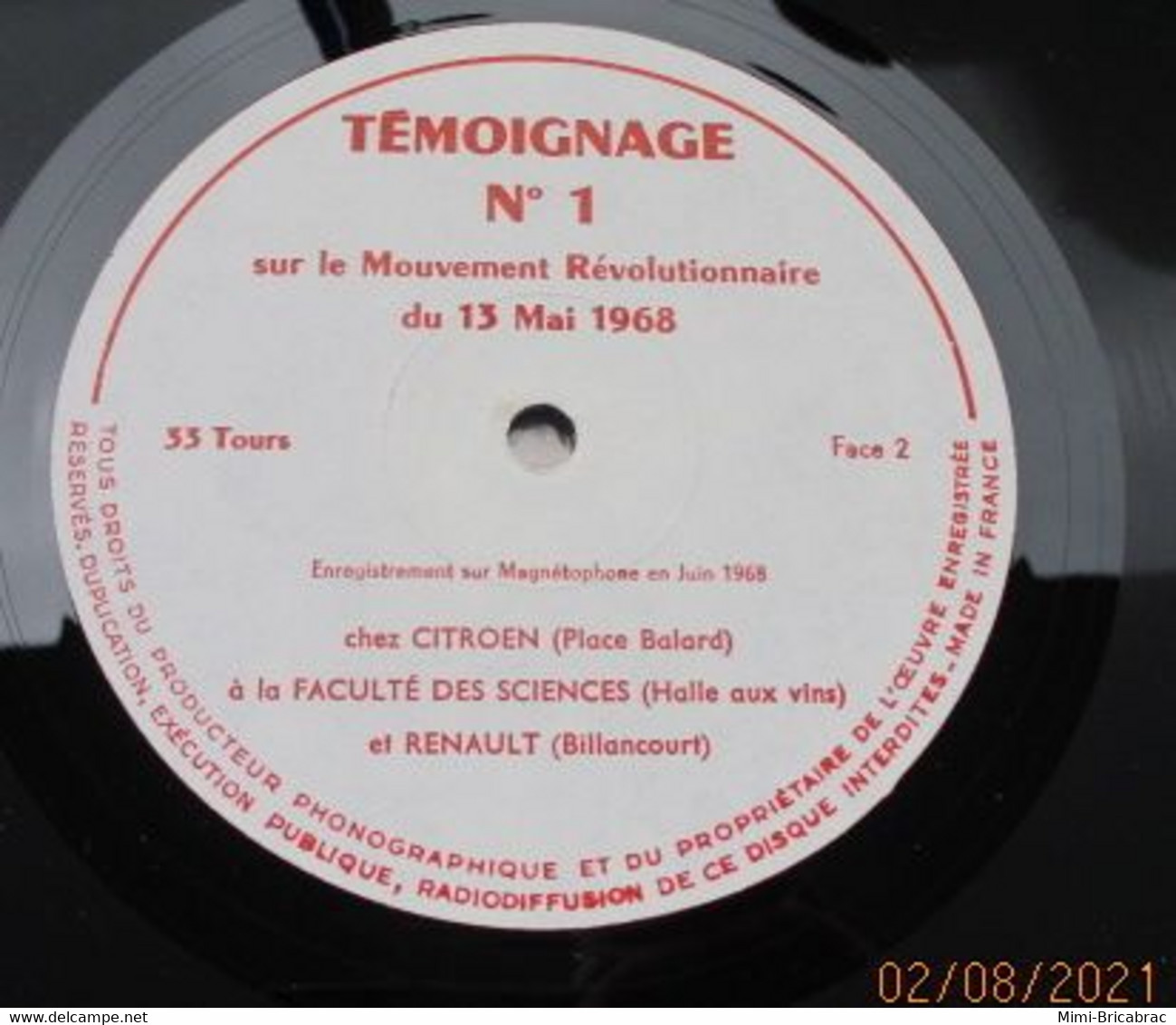 Suite Décés : RARISSIME 33T MAI 68 / TEMOIGNAGE N°1 SuR LE MOUVEMENT REVOLUTIONNAIRE DU 13 MAI 1968 - Collectors