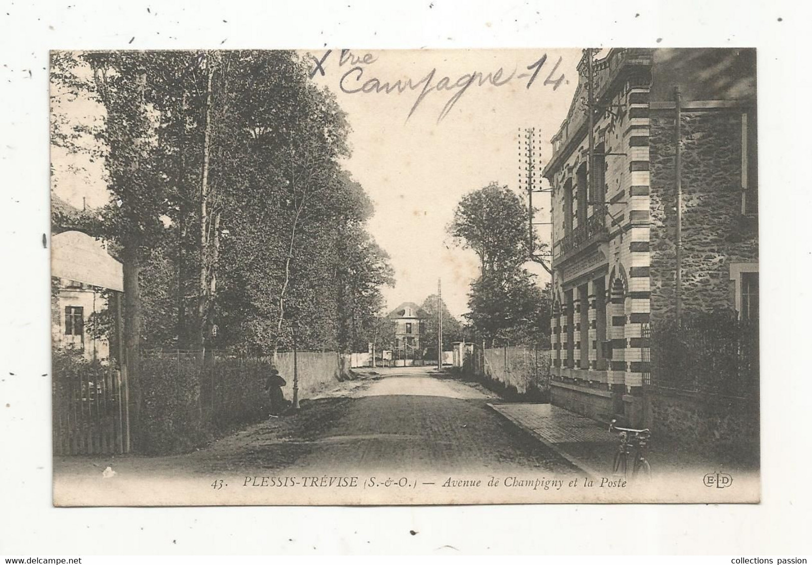 Cp , 94 , LE PLESSIS TREVISE , Avenue De CHAMPIGNY Et La Poste , écrite 1914 - Le Plessis Trevise