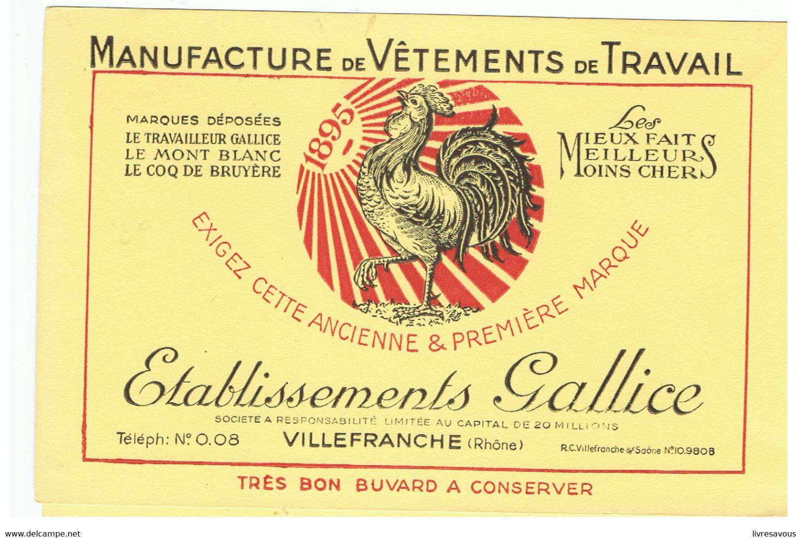 Buvard Etablissements Gallice VILLEFRANCHE (Rhône) Manufacture De Vêtements De Travail - Textile & Vestimentaire