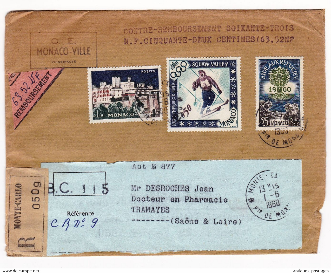 Lettre Monaco 1960 Recommandée Monte Carlo Contre Remboursement Tramayes Saône Et Loire - Covers & Documents