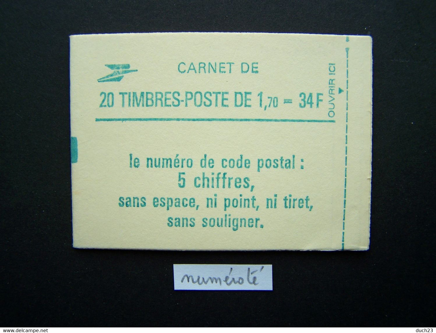 2318-C1a CONF. 8 CARNET NUMEROTE FERME 20 TIMBRES LIBERTE DE GANDON 1,70 VERT CODE POSTALE (BOITE B) - Autres & Non Classés