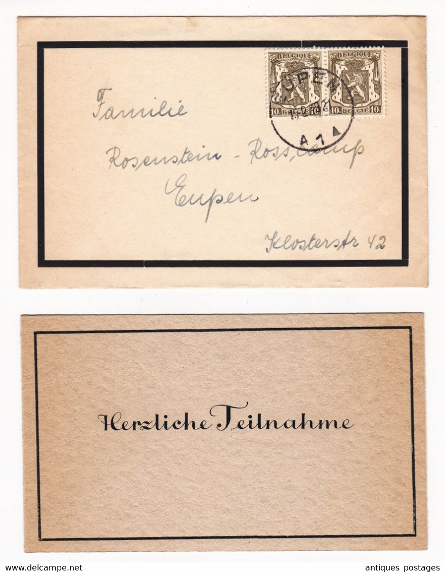 Lettre 1921 Eupen Belgique Paire Lion Héraldique Lettre + Carte Herzliche Teilnahme - 1929-1937 Heraldischer Löwe