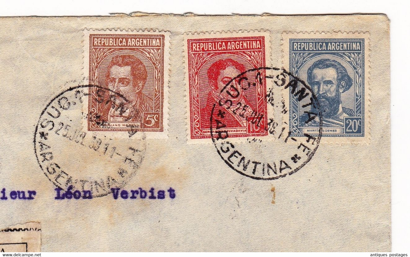 Lettre 1938 Santa Fé Argentine Certificada Léon Verbist Boom Belgique Argentina - Briefe U. Dokumente