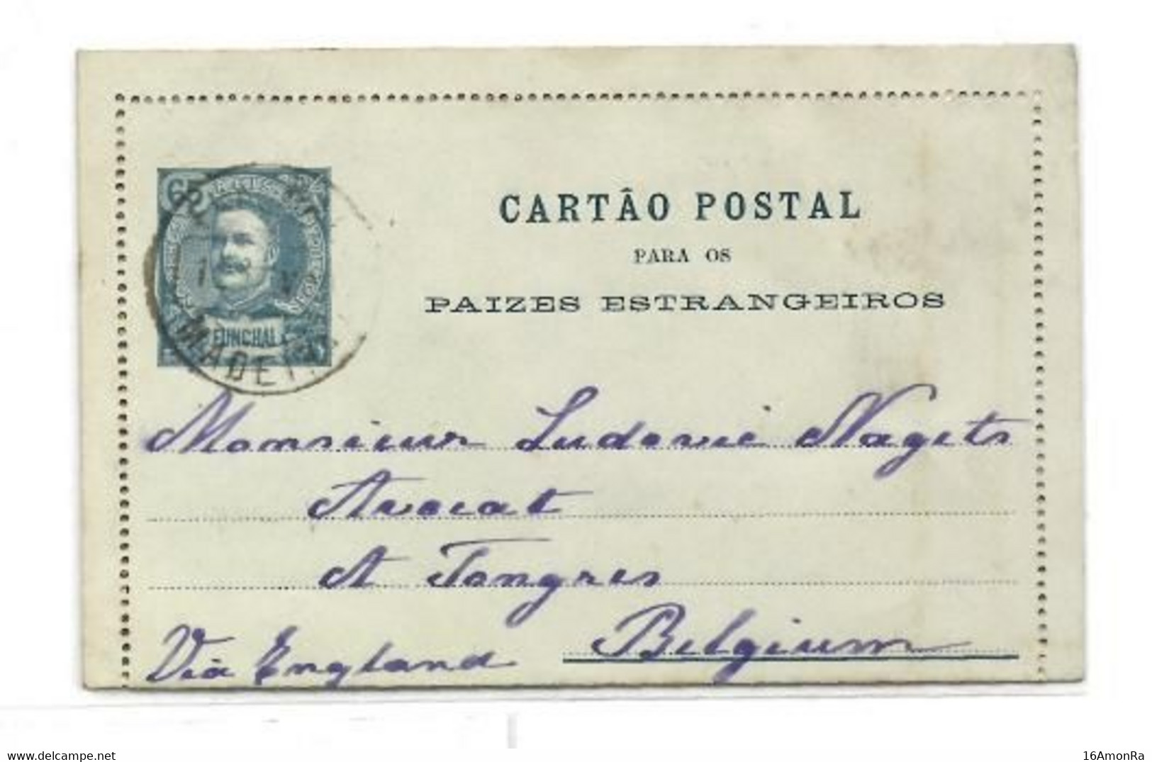 FUNCHAL  E.P. Carte-lettre Stationery Letter Card 65r. Blue On Light-green, Canc. FUNCHAL MADEIRA 12 Fev.. 1900 to Tongr - Andere & Zonder Classificatie