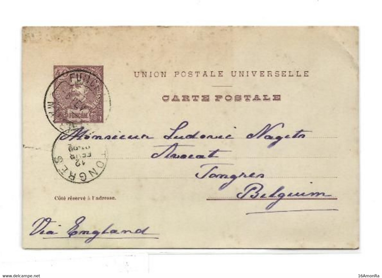 FUNCHAL  E.P. Carte Stationery Card 40r. Purple-grey On Light-green, Canc. FUNCHAL MADEIRA 6 Fev.. 1900 to Tongres (Belg - Otros & Sin Clasificación