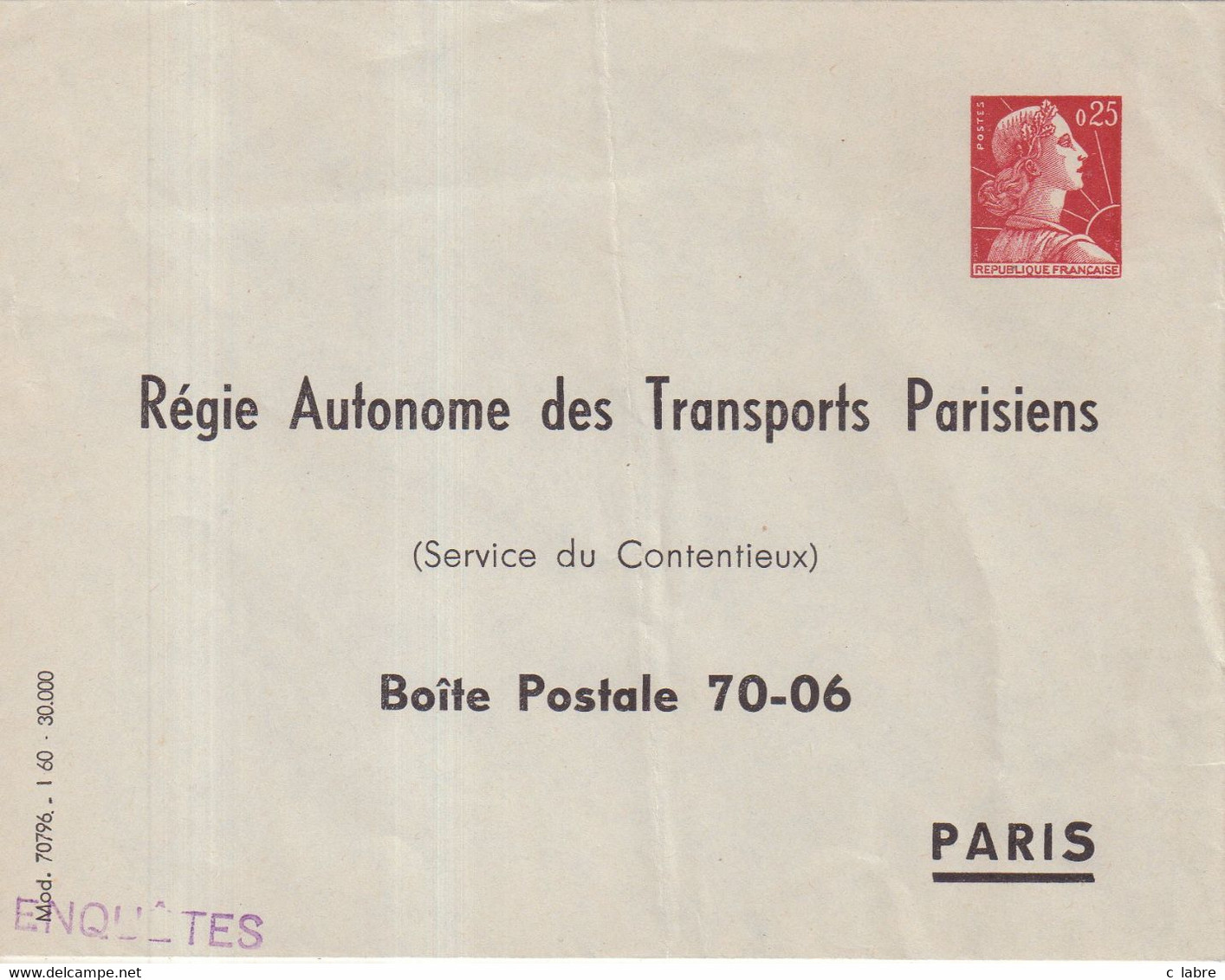 FRANCE : ENTIER POSTAL . 0.25 . TYPE MULLER . EP TSC . " RATP 1960 " . 1960 . - Enveloppes Types Et TSC (avant 1995)