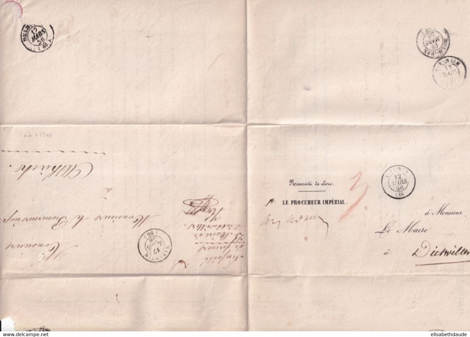 1856 - HAUT-RHIN - LETTRE En FRANCHISE ALLER Et RETOUR (ALTKIRCH / DIETTWILLER) Avec T15 ALTKIRCH + HABSHEIM (RARE) - Lettres Civiles En Franchise